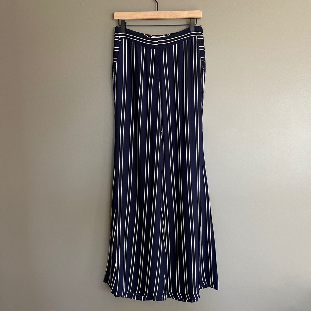 La Ligne Hardy Striped Crepe Flared Pants Navy Blue White High Waist Sz 2 Flowy - Picture 3 of 16